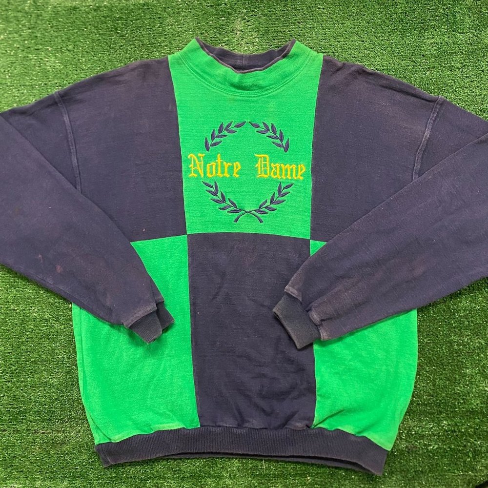 Vintage 80s Notre Dame Colorblock Crewneck Sweatshirt Cut & Sew Collegiate M
